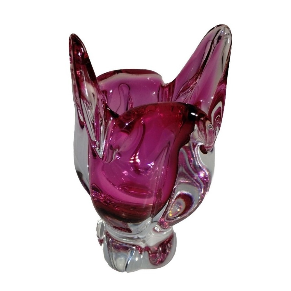 Chribska Cat Head‎ Vase Pink Czech Art Glass Hospodka Sommerso MCM 1960s